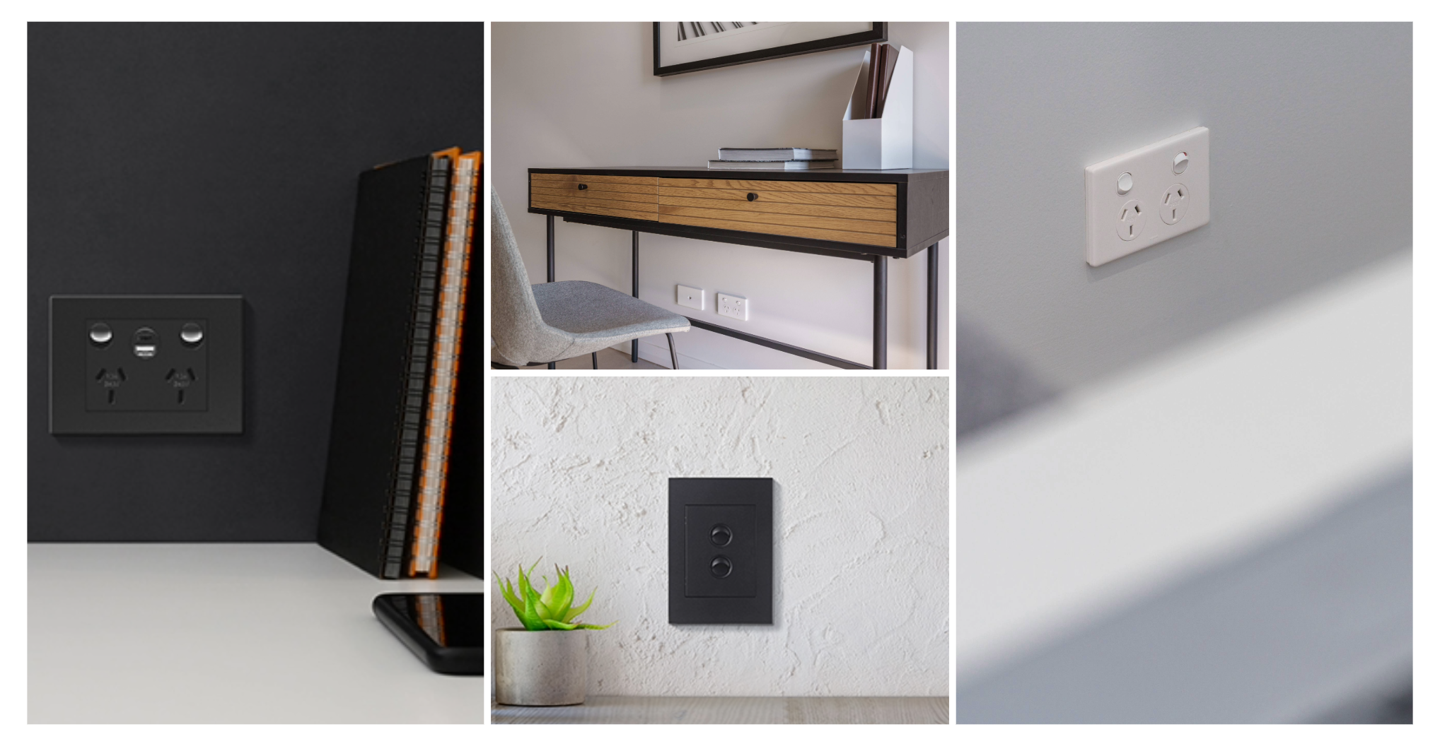 collage of home office with switches and ethernet